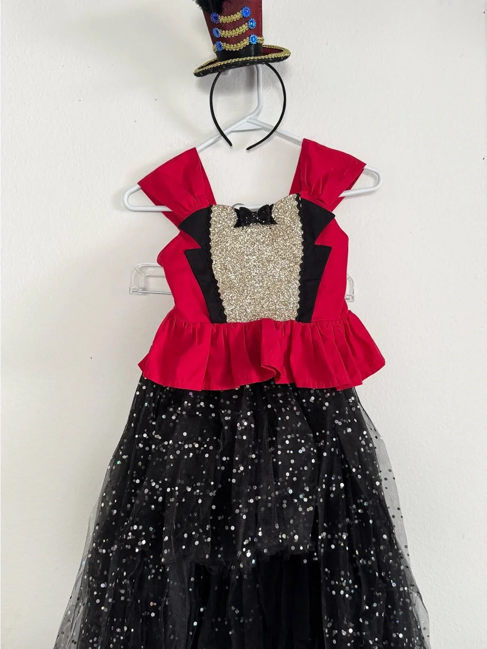 Red & Black Sequin Ringmaster Costume Dress with Tulle Skirt — Girls ~5-7